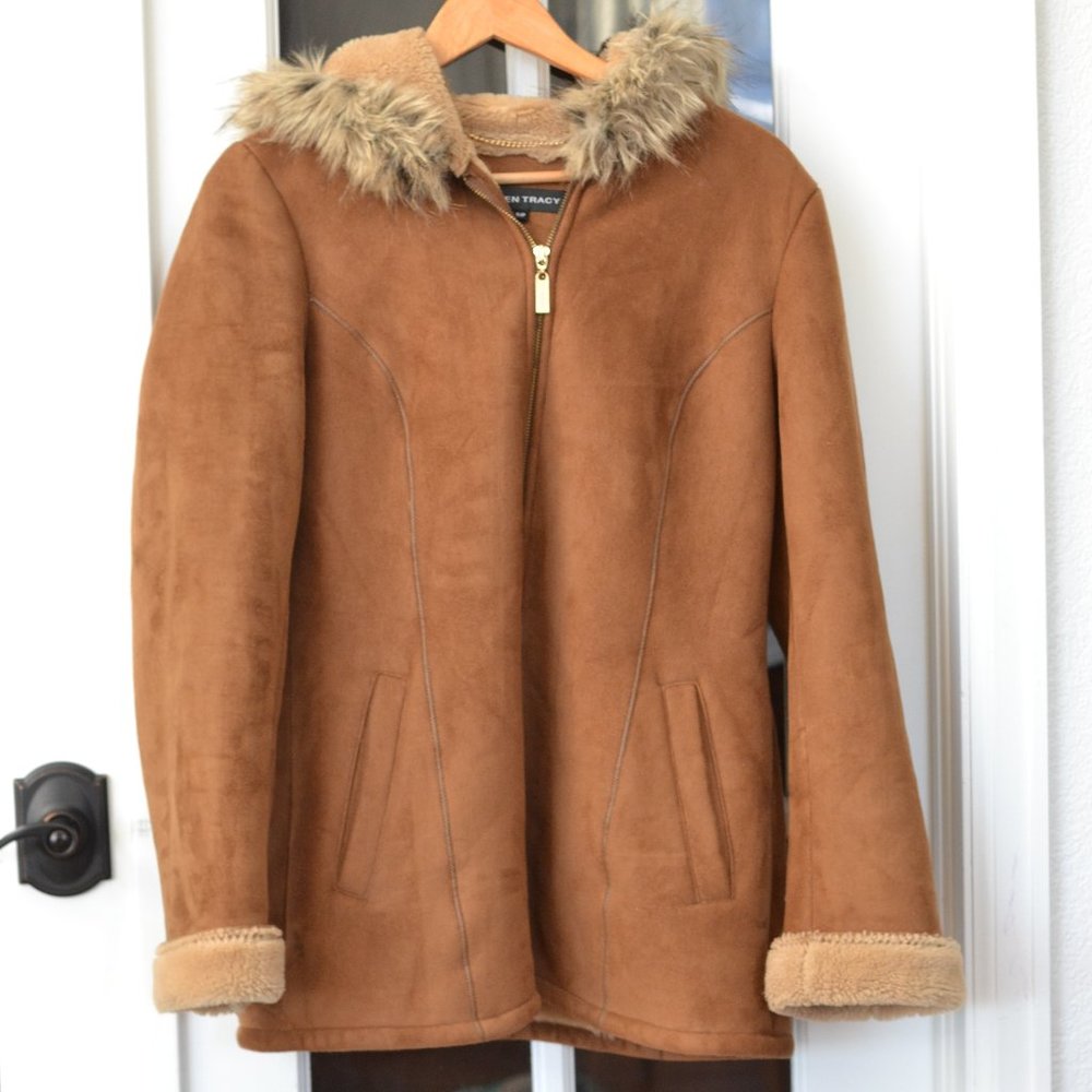 Ellen Tracy Brown Full Zip Hooded Faux Fur Parka